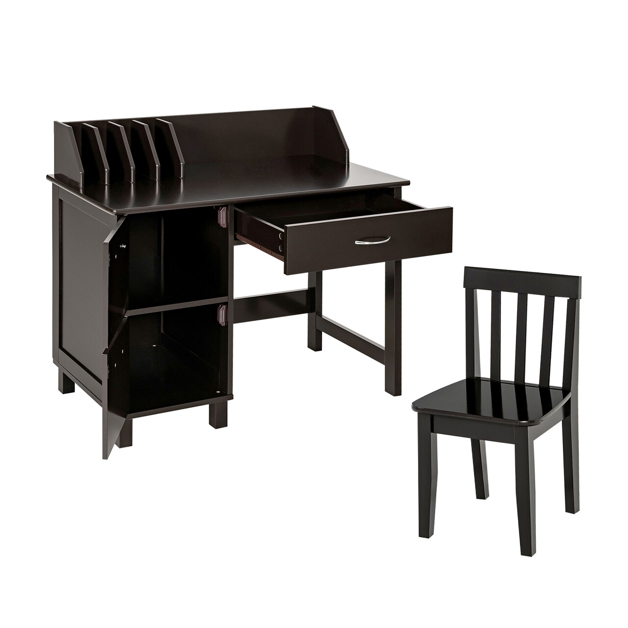 Dark Brown Kids Study Desk Chair Set Table Storage Cabinet 3-8 Yrs